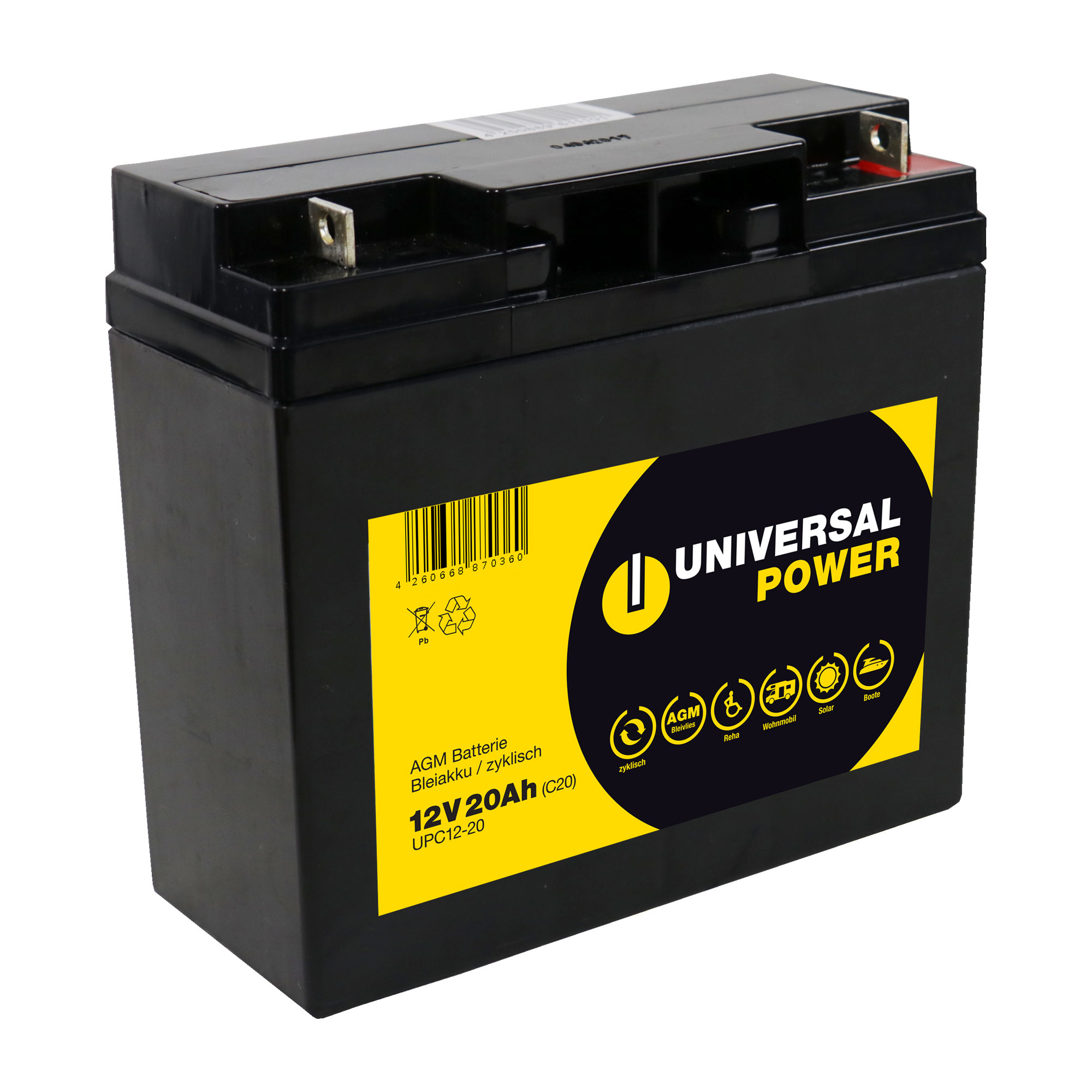 Universal Power AGM UPC12-20 12V 20Ah (C20) AGM Batterie zyklenfest  wartungsfrei, AGM Batterien, Akku & Batterien