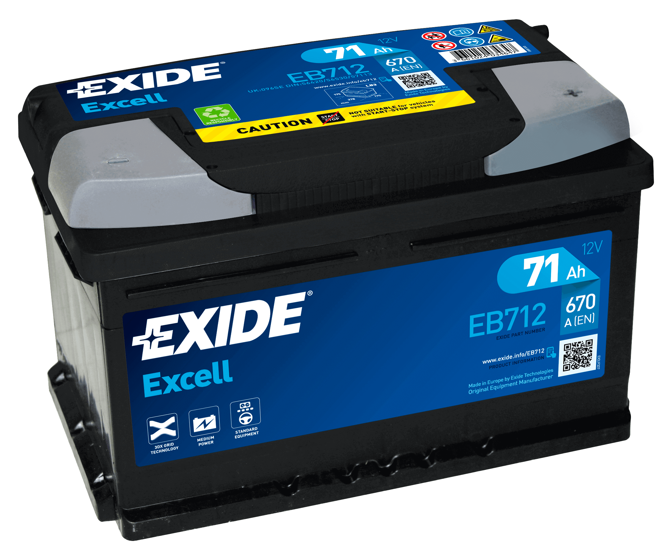 Exide EB712 Excell 12V 71Ah 670A Autobatterie, Starterbatterie, Boot, Batterien für