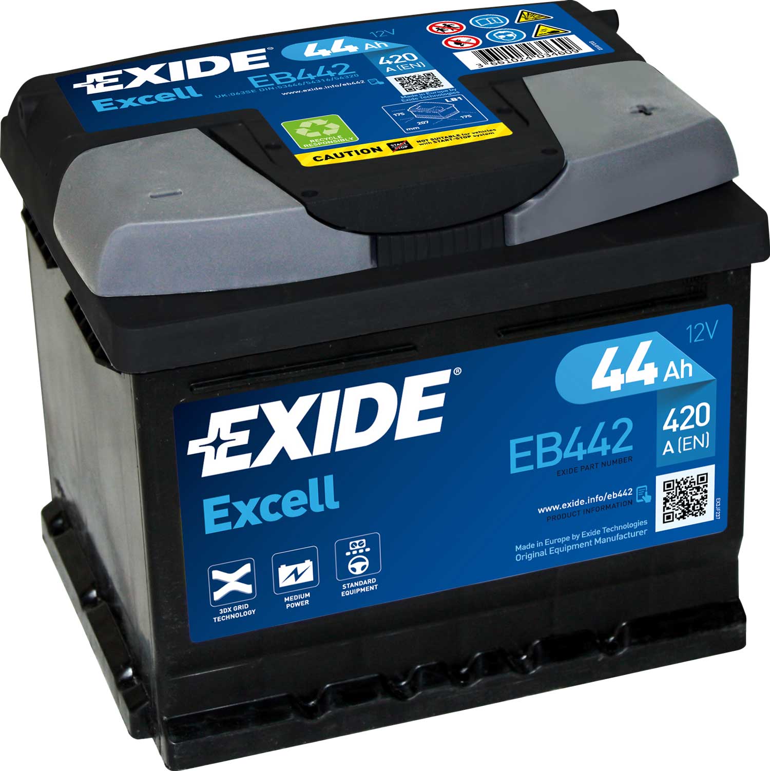 Exide EB442 Excell 12V 44Ah 420A Autobatterie, Starterbatterie, Boot, Batterien für