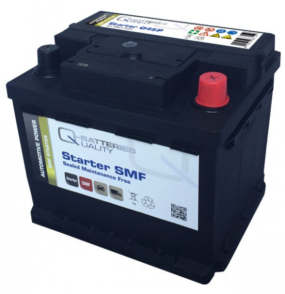 Q-Batteries Autobatterie Q45P 12V 45Ah 410A, wartungsfrei, Starterbatterie, Boot, Batterien für