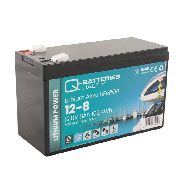 Q-Batteries Lithium Akku 12-8 12,8V 8Ah 102,4Wh LiFePO4 Batterie, Versorgungsbatterie, Caravan, Batterien für