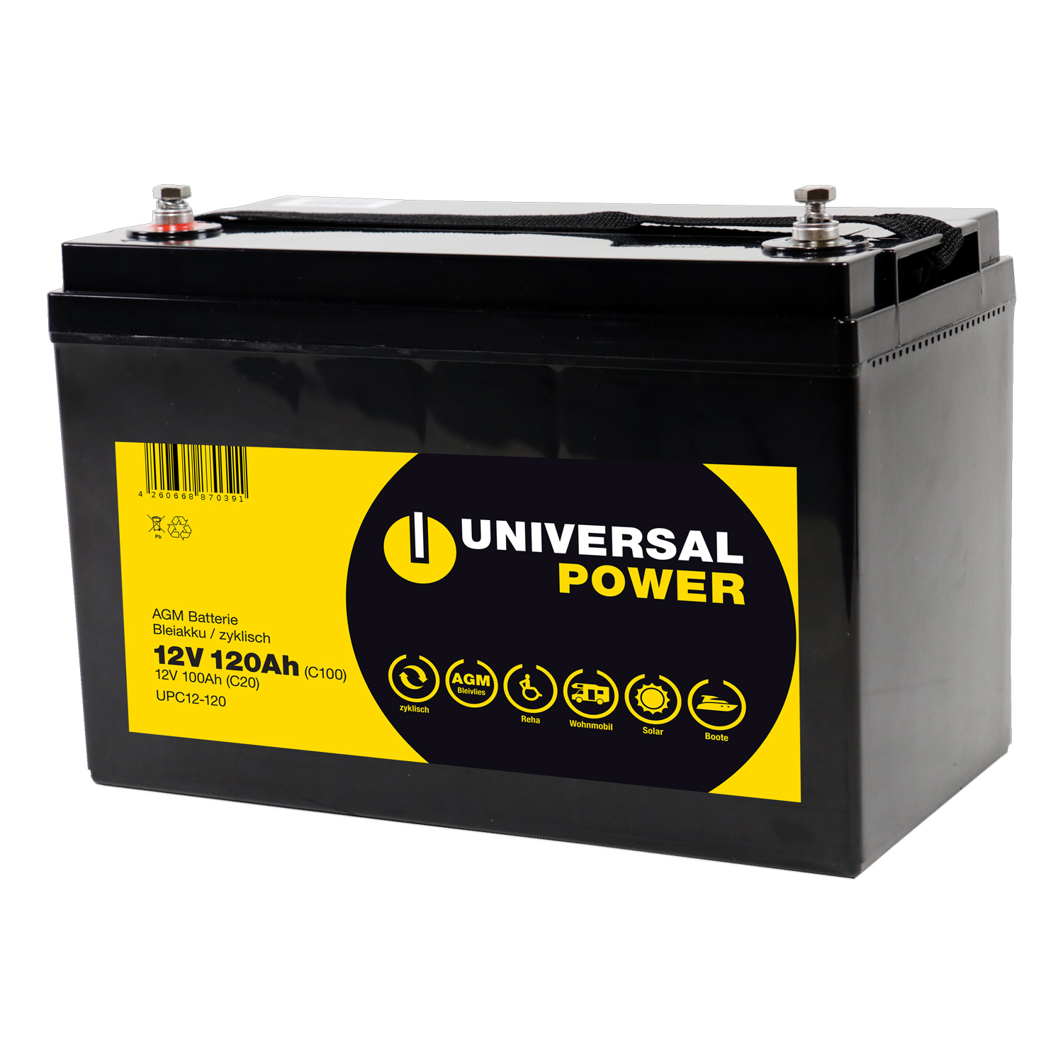 Universal Power AGM UPC12-120 12V 120Ah (C100) Wohnmobilbatterie  wartungsfrei, AGM Batterien, Akku & Batterien