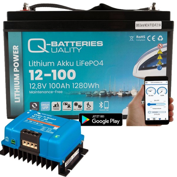 Q-Batteries Lithium Akku 12-100 12,8V 100Ah 1280Wh LiFePO4 Batterie mit  Victron Orion Ladegerät, Versorgungsbatterie, Caravan, Boot, Camping