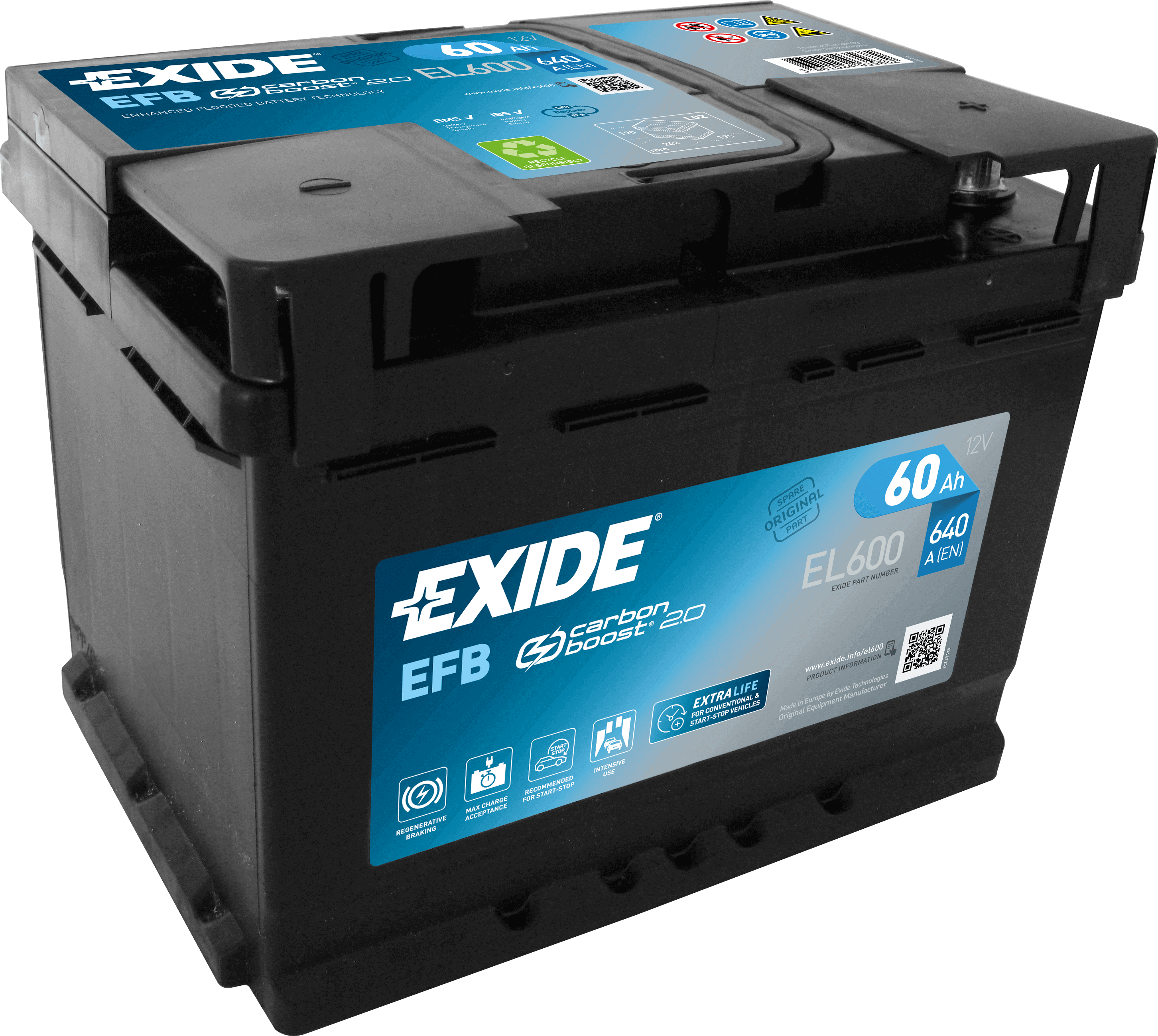 Exide EL600 Start-Stop EFB 12V 60Ah 640A Autobatterie, Starterbatterie, Boot, Batterien für