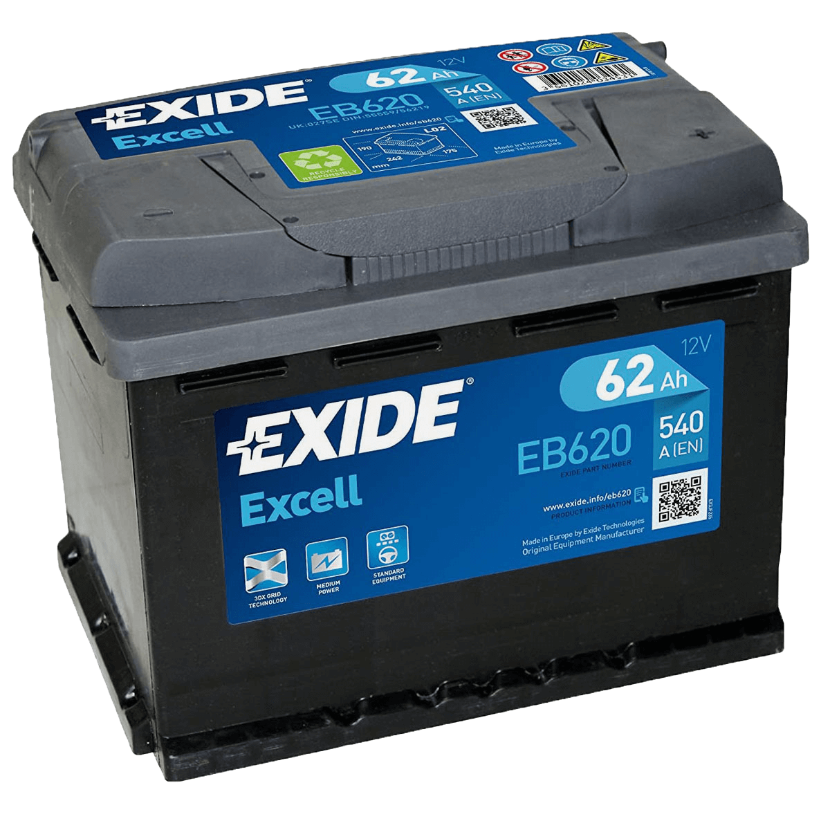 Exide EB620 Excell 12V 62Ah 540A Autobatterie, Starterbatterie, Boot, Batterien für